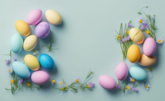 Happy easter background with flowers and eggs lined with a frame for text pastel colors with lots of free space on a pale blue background