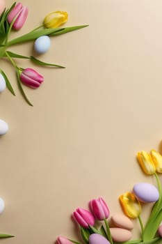 Colorful tulips and eggs lying on teal beige background with copy space for easter celebration