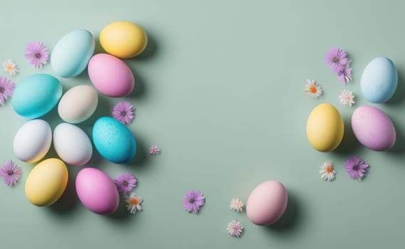 Minimalist, modern Easter background with flowers and Easter eggs in pastel colors with lots of free space on a soft blue background