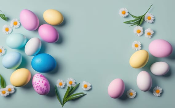 Happy easter background with flowers and eggs lined with a frame for text pastel colors with lots of free space on a pale blue background