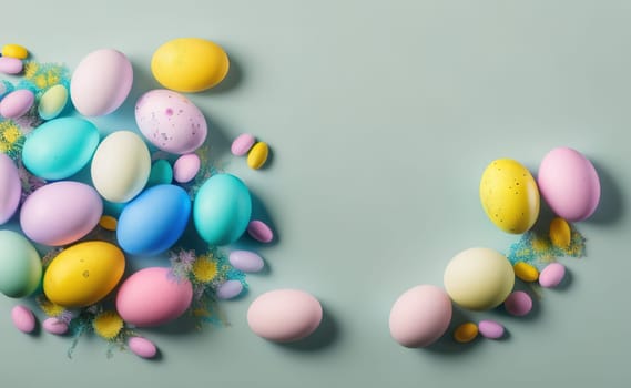 Minimalist, modern Easter background with flowers and Easter eggs in pastel colors with lots of free space on a soft blue background