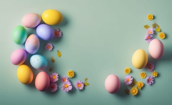 Happy easter background with flowers and eggs lined with a frame for text pastel colors with lots of free space on a pale blue background