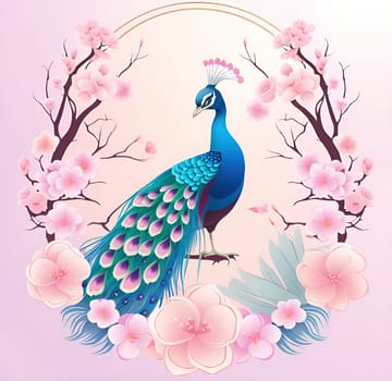 Peacock and cherry blossom background vector illustration. spring season