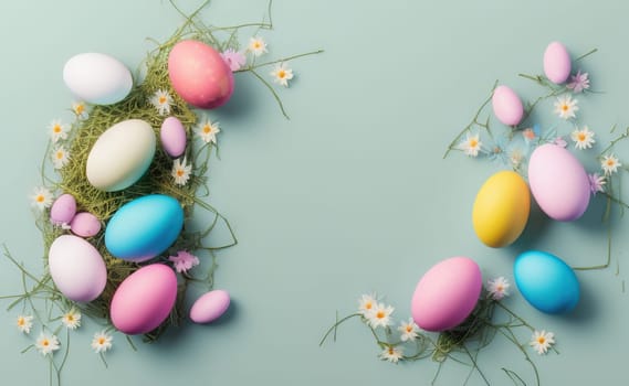 Minimalist, modern Easter background with flowers and Easter eggs in pastel colors with lots of free space on a soft blue background