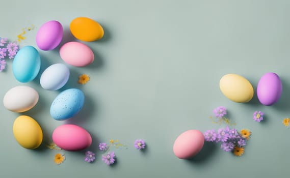 Minimalist, modern Easter background with flowers and Easter eggs in pastel colors with lots of free space on a soft blue background