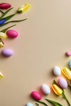 Colorful tulips and eggs lying on teal beige background with copy space for easter celebration