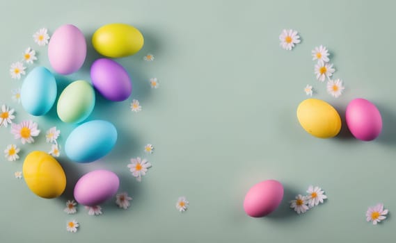 Happy easter background with flowers and eggs lined with a frame for text pastel colors with lots of free space on a pale blue background