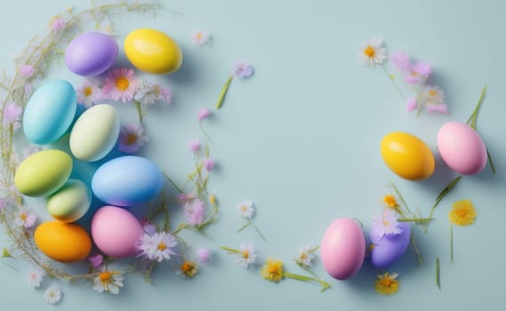 Happy easter background with flowers and eggs lined with a frame for text pastel colors with lots of free space on a pale blue background