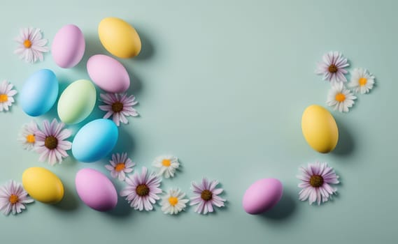 Happy easter background with flowers and eggs lined with a frame for text pastel colors with lots of free space on a pale blue background