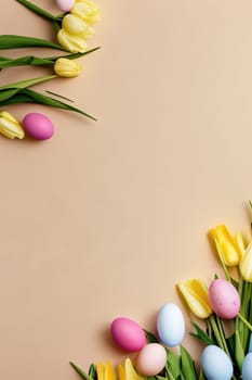 Colorful tulips and eggs lying on teal beige background with copy space for easter celebration