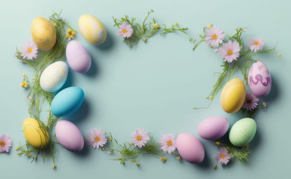 Happy easter background with flowers and eggs lined with a frame for text pastel colors with lots of free space on a pale blue background