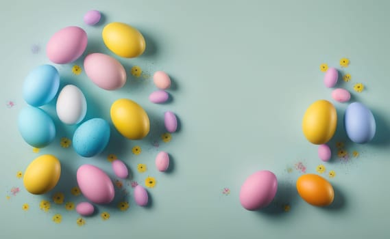 Minimalist, modern Easter background with flowers and Easter eggs in pastel colors with lots of free space on a soft blue background