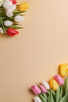 Colorful tulips and eggs lying on teal beige background with copy space for easter celebration