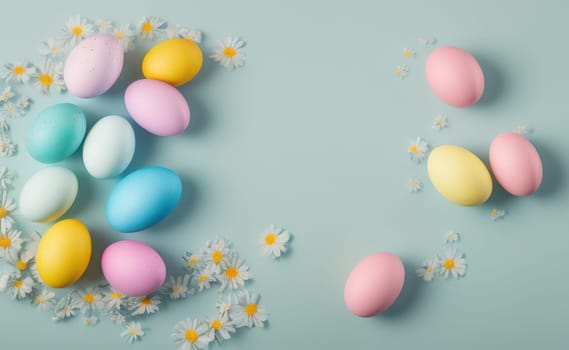 Minimalist, modern Easter background with flowers and Easter eggs in pastel colors with lots of free space on a soft blue background