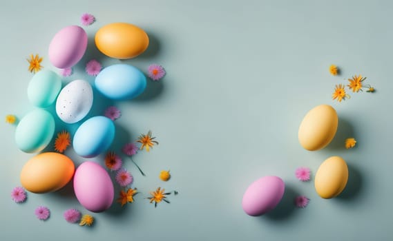 Minimalist, modern Easter background with flowers and Easter eggs in pastel colors with lots of free space on a soft blue background