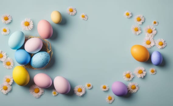 Minimalist, modern Easter background with flowers and Easter eggs in pastel colors with lots of free space on a soft blue background