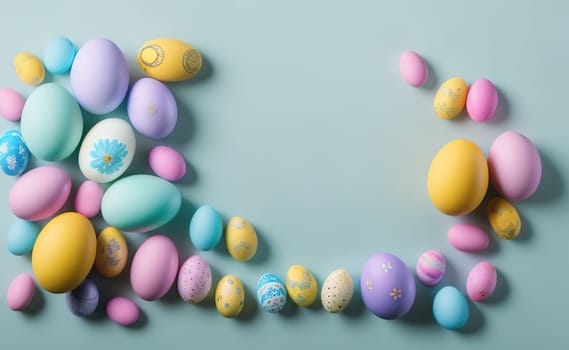 Minimalist, modern Easter background with flowers and Easter eggs in pastel colors with lots of free space on a soft blue background