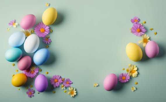 Minimalist, modern Easter background with flowers and Easter eggs in pastel colors with lots of free space on a soft blue background