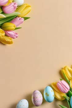 Colorful tulips and eggs lying on teal beige background with copy space for easter celebration