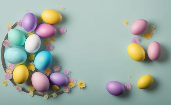 Minimalist, modern Easter background with flowers and Easter eggs in pastel colors with lots of free space on a soft blue background