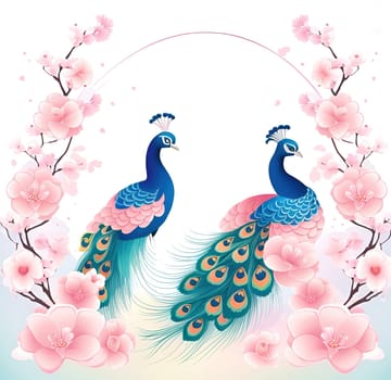 Peacock and cherry blossom background vector illustration. spring season