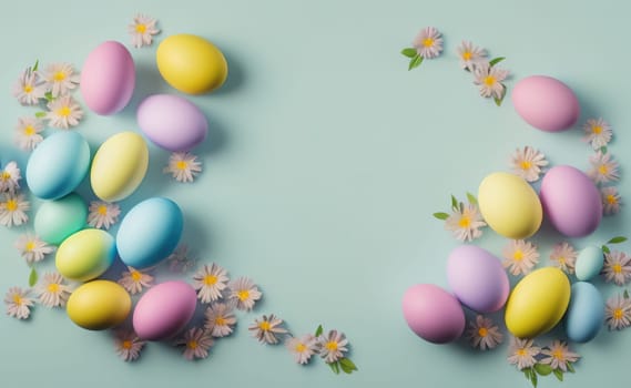 Happy easter background with flowers and eggs lined with a frame for text pastel colors with lots of free space on a pale blue background