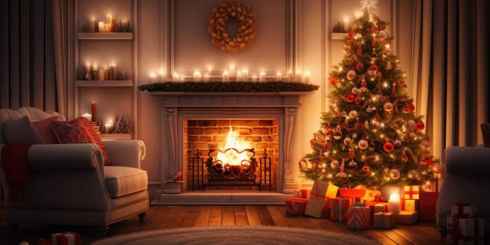 Interior of decorated living room with Christmas tree and comfortable sofa for family comeliness