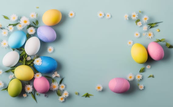 Minimalist, modern Easter background with flowers and Easter eggs in pastel colors with lots of free space on a soft blue background