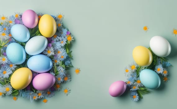 Minimalist, modern Easter background with flowers and Easter eggs in pastel colors with lots of free space on a soft blue background