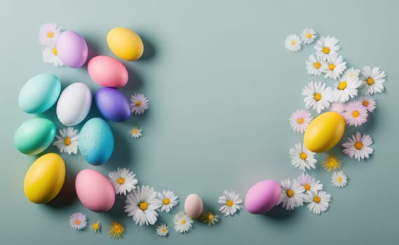 Minimalist, modern Easter background with flowers and Easter eggs in pastel colors with lots of free space on a soft blue background