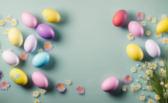 Minimalist, modern Easter background with flowers and Easter eggs in pastel colors with lots of free space on a soft blue background