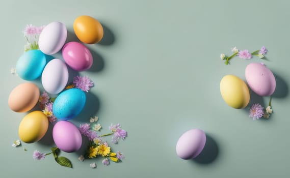 Minimalist, modern Easter background with flowers and Easter eggs in pastel colors with lots of free space on a soft blue background