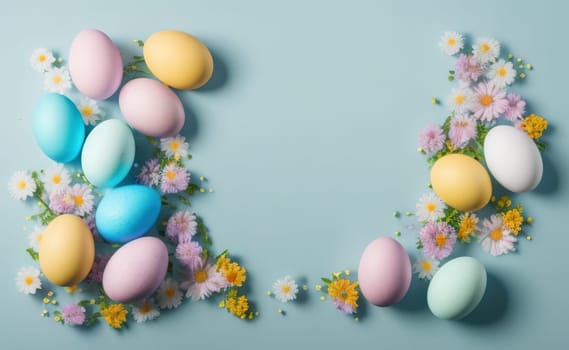 Happy easter background with flowers and eggs lined with a frame for text pastel colors with lots of free space on a pale blue background