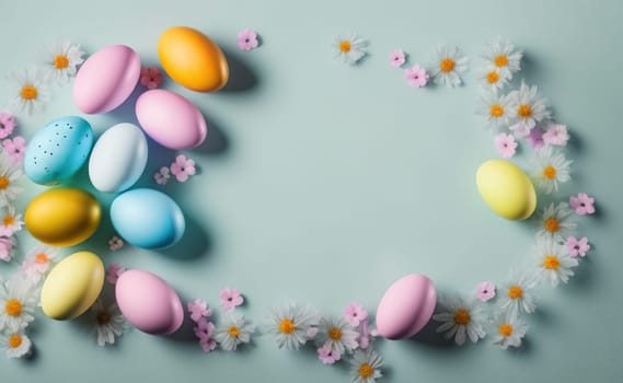 Happy easter background with flowers and eggs lined with a frame for text pastel colors with lots of free space on a pale blue background