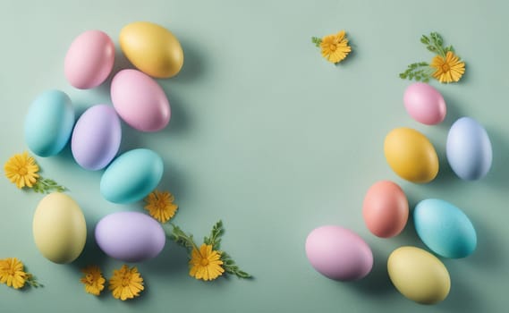 Happy easter background with flowers and eggs lined with a frame for text pastel colors with lots of free space on a pale blue background