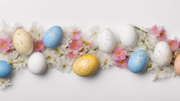 Easter eggs and small flowers on white background Floral border, on pastel isolated background. Valentine's day, spring, birthday, happy women's day, mother's day. Flat lay, top view, free space