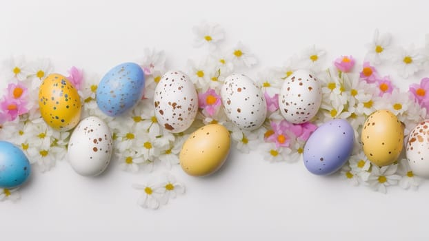 Easter eggs and small flowers on white background Floral border, on pastel isolated background. Valentine's day, spring, birthday, happy women's day, mother's day. Flat lay, top view, free space