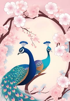 Peacock and cherry blossom background vector illustration. spring season