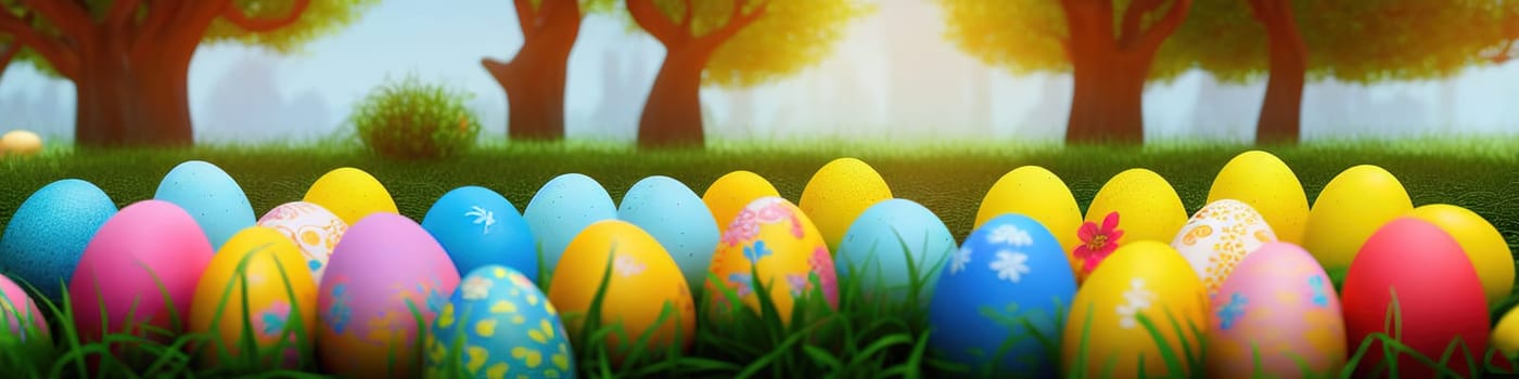 Fresh spring background with easter eggs banner green juicy meadow. Colored Easter eggs hidden flowers grass.Easter concept. Spring summer background with fresh grass against blue sky with.