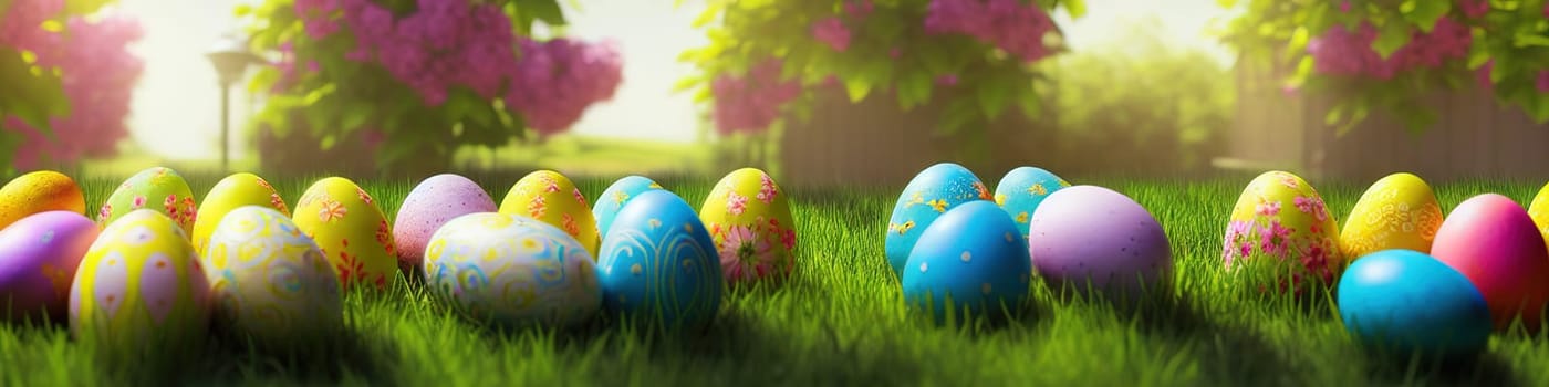 Fresh spring background with easter eggs banner green juicy meadow. Colored Easter eggs hidden flowers grass.Easter concept. Spring summer background with fresh grass against blue sky with.