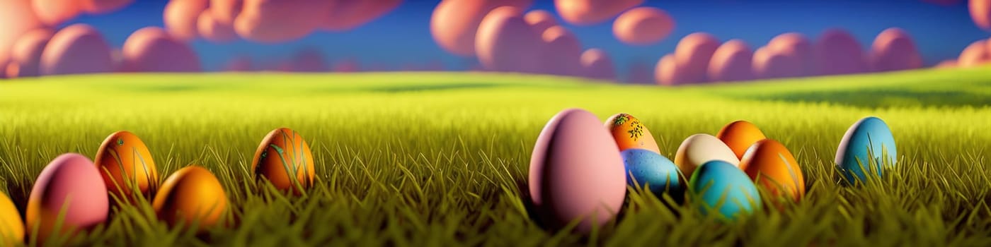 Fresh spring background with easter eggs banner green juicy meadow. Colored Easter eggs hidden flowers grass.Easter concept. Spring summer background with fresh grass against blue sky with.