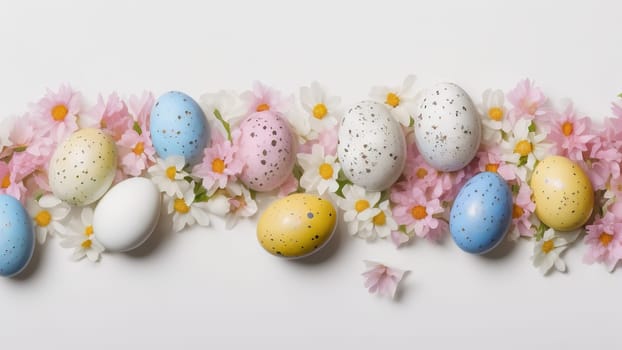 Easter eggs and small flowers on white background Floral border, on pastel isolated background. Valentine's day, spring, birthday, happy women's day, mother's day. Flat lay, top view, free space