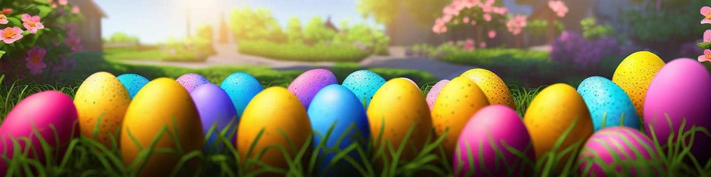 Fresh spring background with easter eggs banner green juicy meadow. Colored Easter eggs hidden flowers grass.Easter concept. Spring summer background with fresh grass against blue sky with.