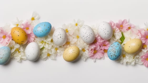 Easter eggs and small flowers on white background Floral border, on pastel isolated background. Valentine's day, spring, birthday, happy women's day, mother's day. Flat lay, top view, free space