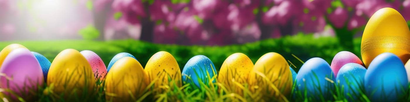 Fresh spring background with easter eggs banner green juicy meadow. Colored Easter eggs hidden flowers grass.Easter concept. Spring summer background with fresh grass against blue sky with.