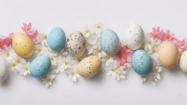 Easter eggs and small flowers on white background Floral border, on pastel isolated background. Valentine's day, spring, birthday, happy women's day, mother's day. Flat lay, top view, free space