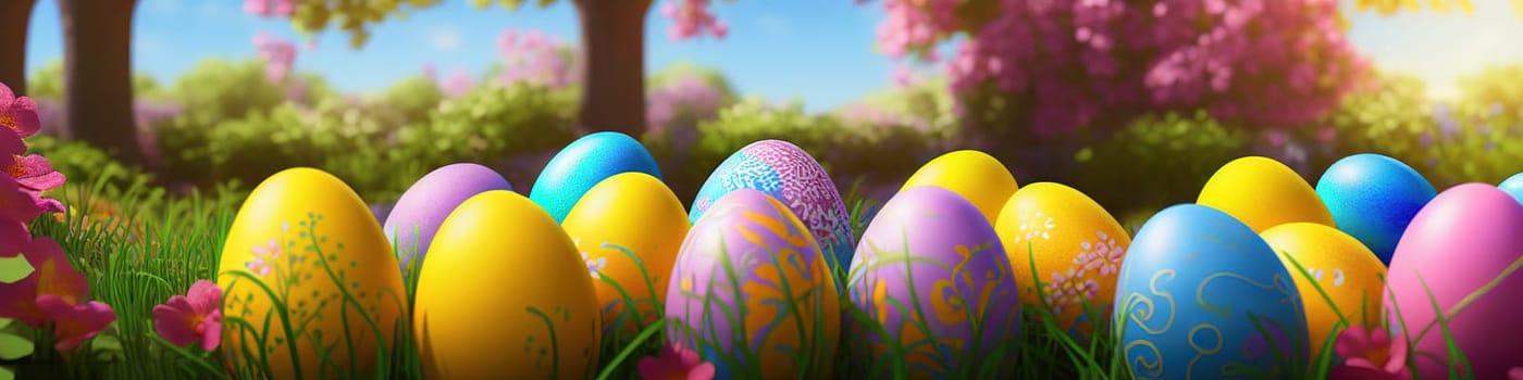 Fresh spring background with easter eggs banner green juicy meadow. Colored Easter eggs hidden flowers grass.Easter concept. Spring summer background with fresh grass against blue sky with.