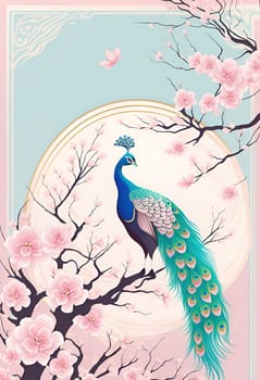 Peacock and cherry blossom background vector illustration. spring season