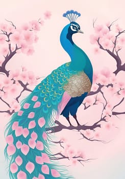 Peacock and cherry blossom background vector illustration. spring season