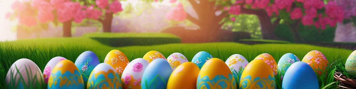 Fresh spring background with easter eggs banner green juicy meadow. Colored Easter eggs hidden flowers grass.Easter concept. Spring summer background with fresh grass against blue sky with.